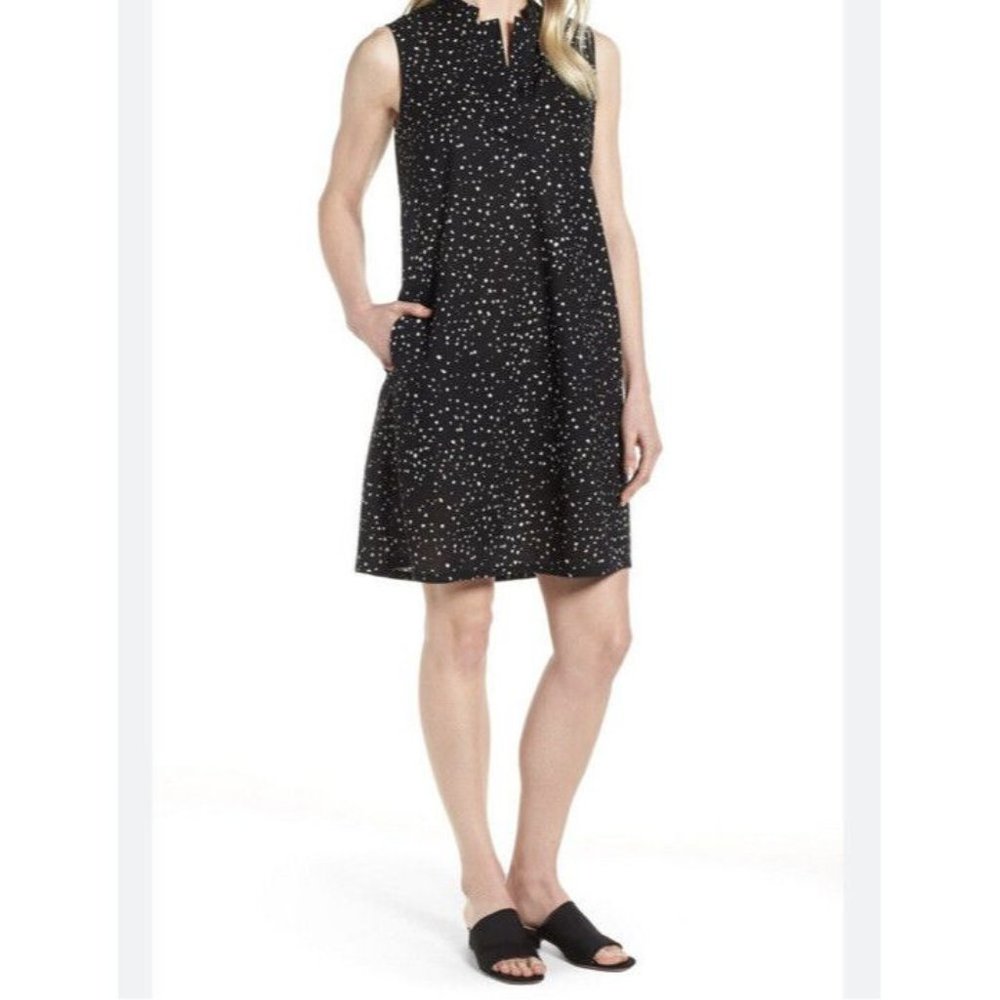 Eileen Fisher M Shift Dress Dot Print VNeck Sleeveless Cotton Black White pocket